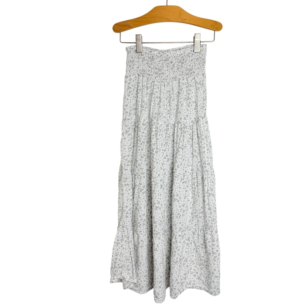 HM Girls White Blue Floral Smocked Tiered Maxi Skirt Size 8-9Y Boho Viscose